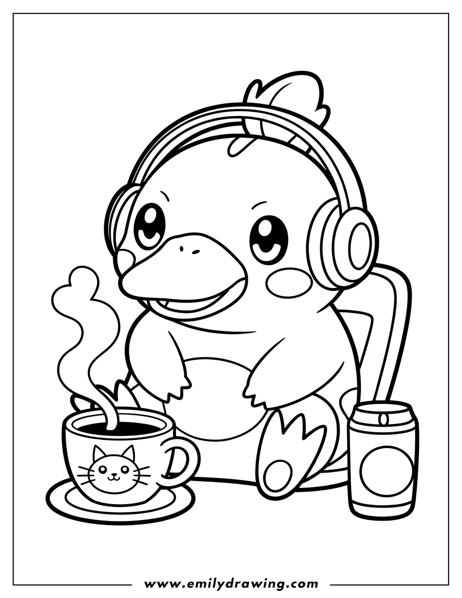 Line art of a Psyduck wearing headphones, sitting beside a steaming coffee cup with a cat face design, and a drink can.
