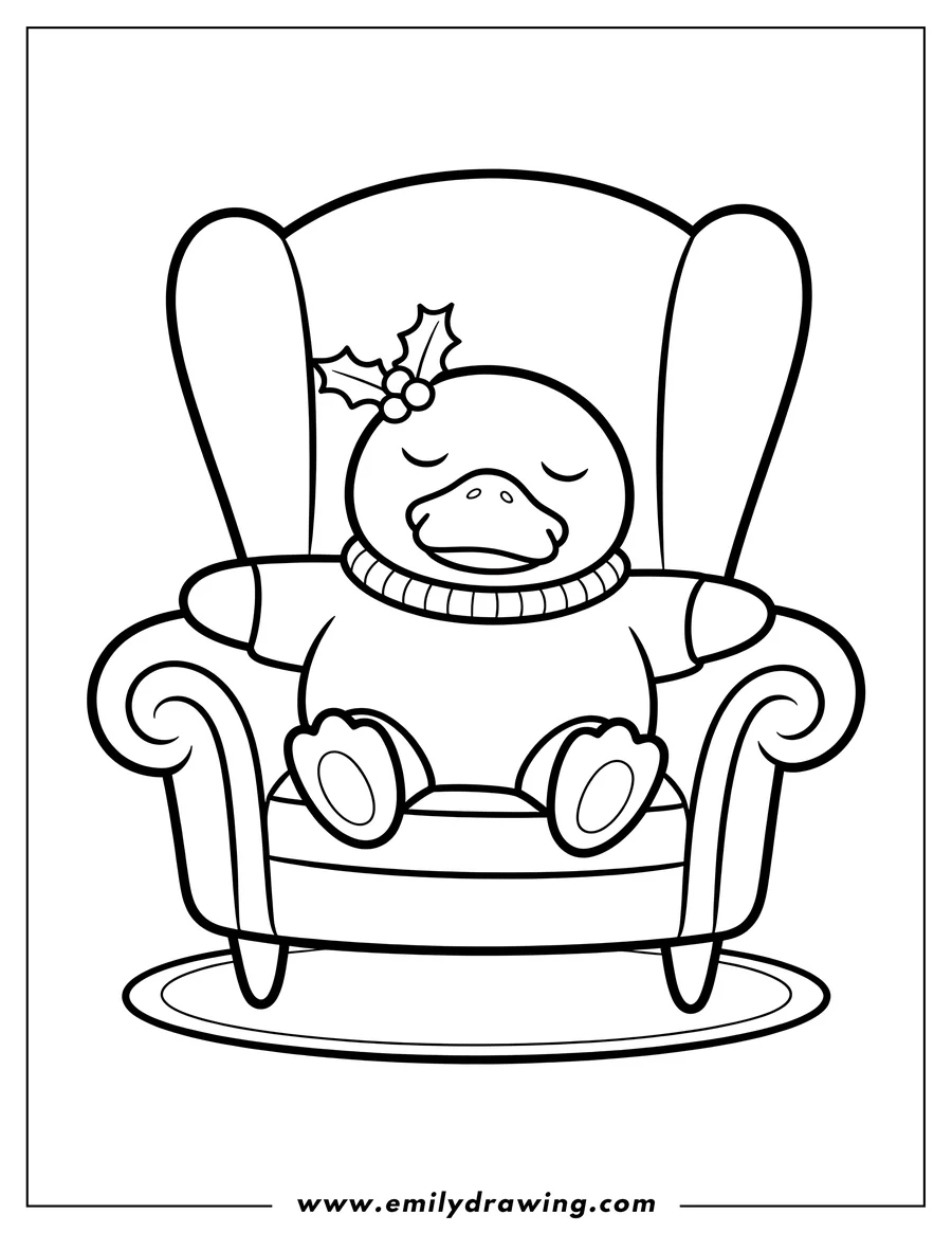 Line art of a Psyduck character sitting in a large armchair, wearing a sweater, with a sprig of holly on its head, eyes closed peacefully.