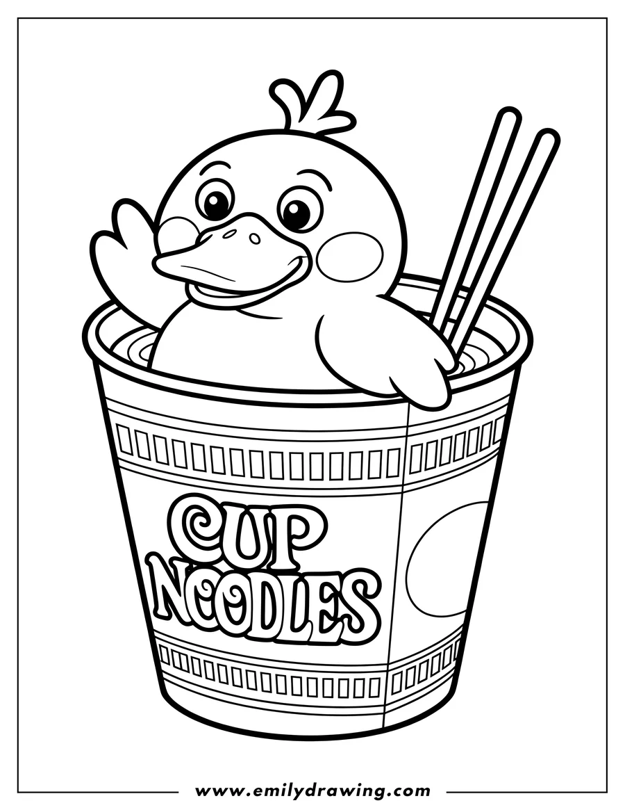 Line art of Psyduck popping out of a Cup Noodles cup with chopsticks in the background