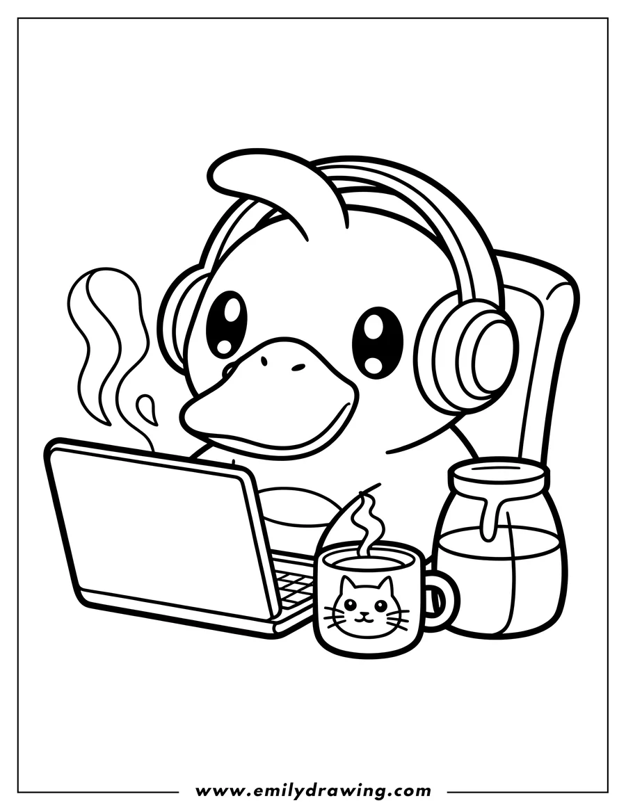 Line art of a Psyduck wearing headphones, sitting behind a laptop with steam rising from it, next to a cat-faced mug and a jar of honey.