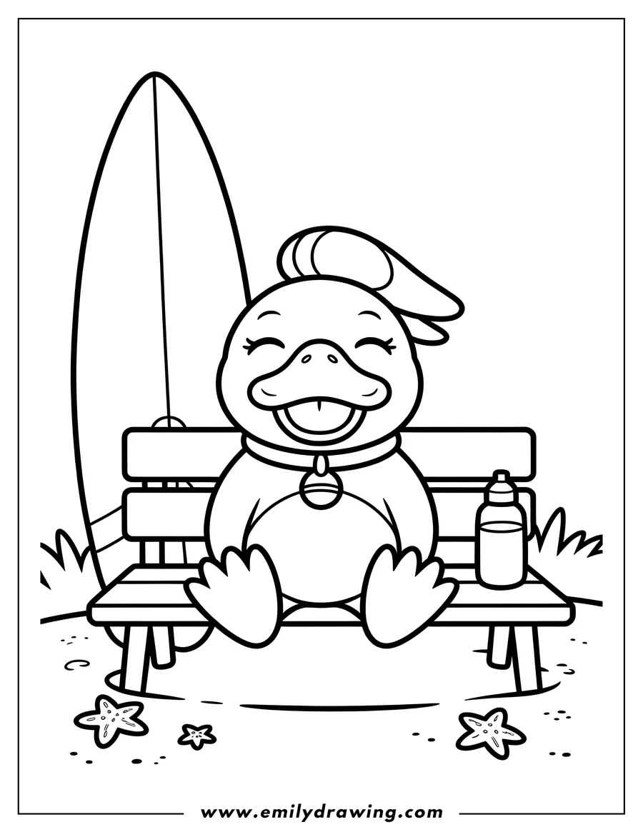 Line art of a happy Psyduck sitting on a wooden bench, with a surfboard leaning behind it and a water bottle on the bench beside it.