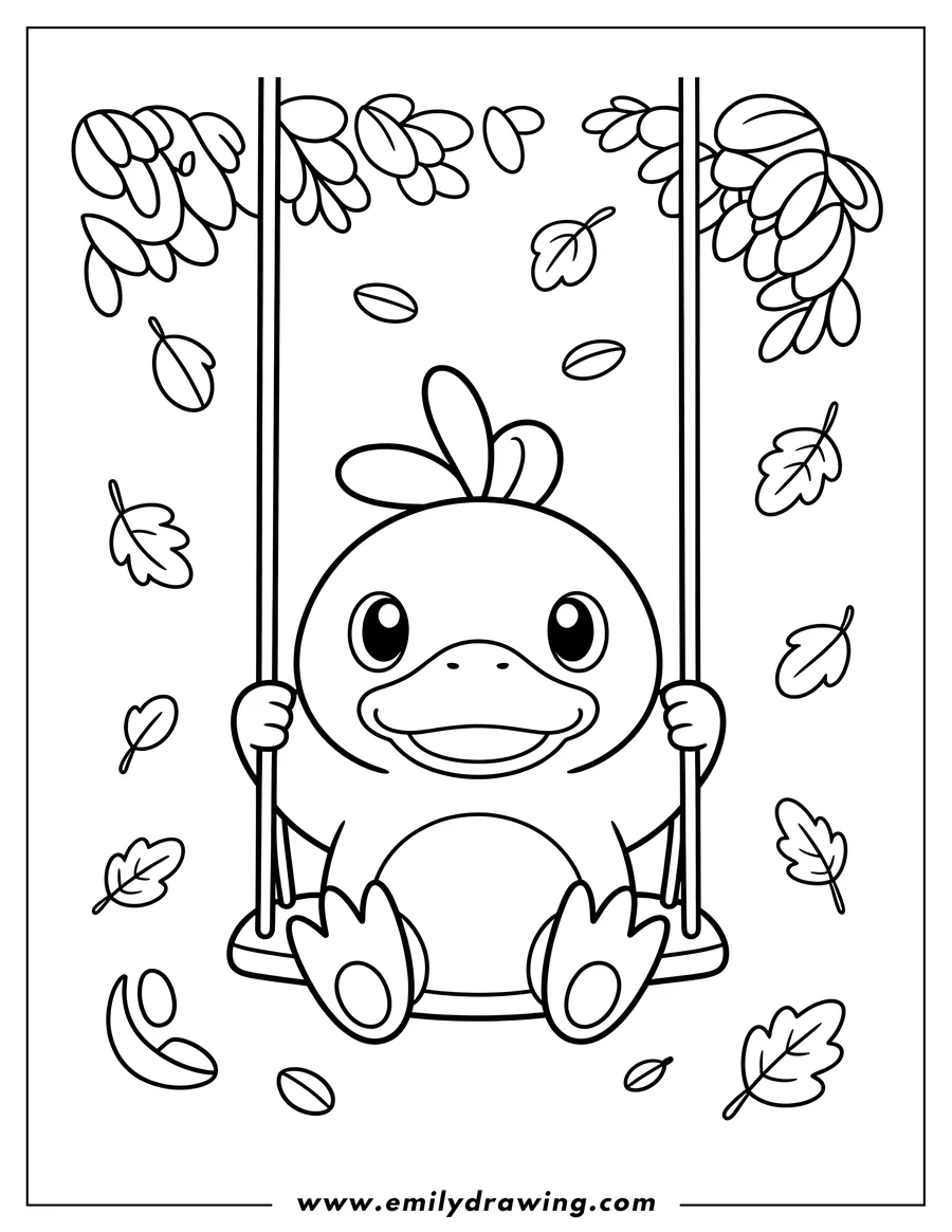 Line art of Psyduck sitting on a swing with autumn leaves falling around it.