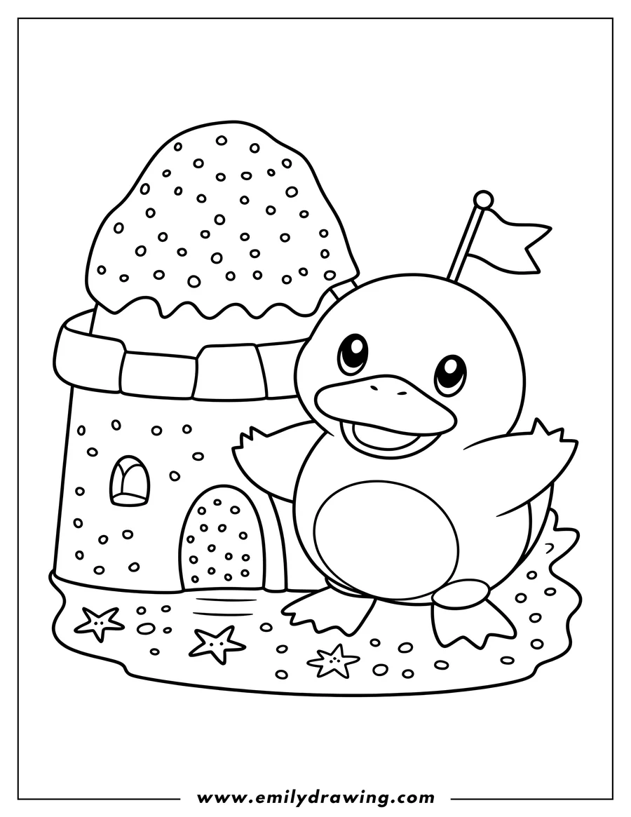 Outline of a cheerful Psyduck standing next to a sandcastle, with starfish scattered on the sand around it.