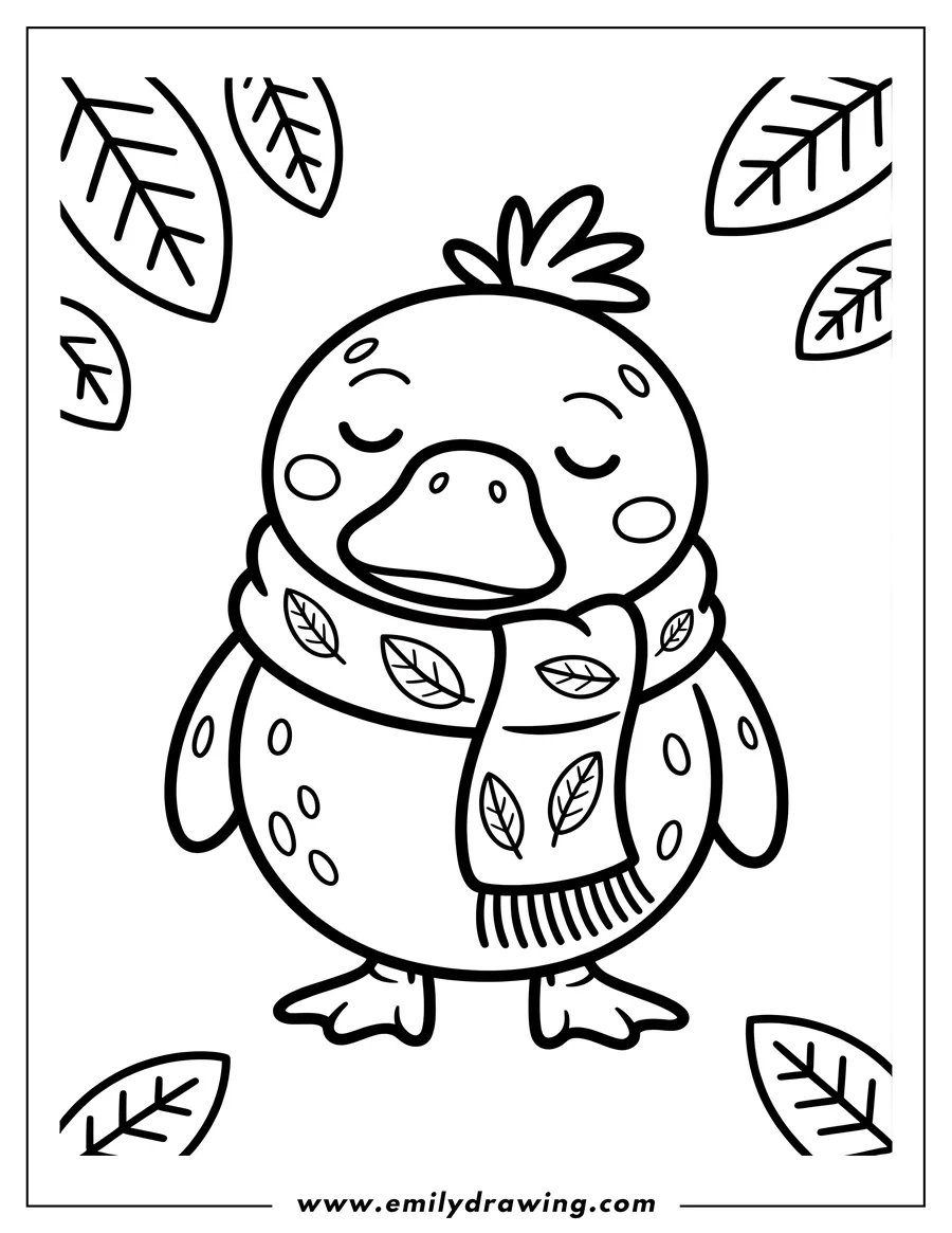 Line art of a Psyduck character wearing a scarf adorned with leaves, with more leaves floating in the background.