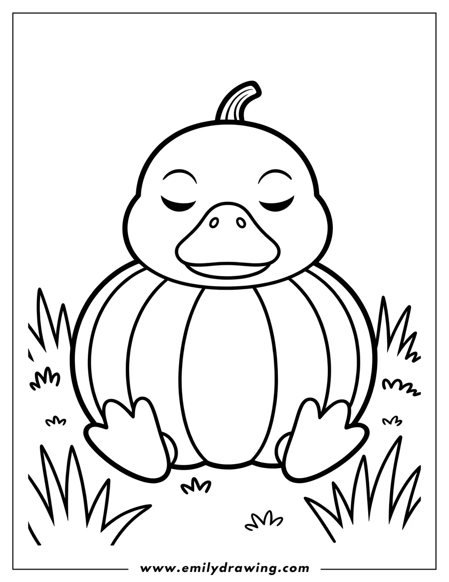 Line art of Psyduck with closed eyes, sitting in grass