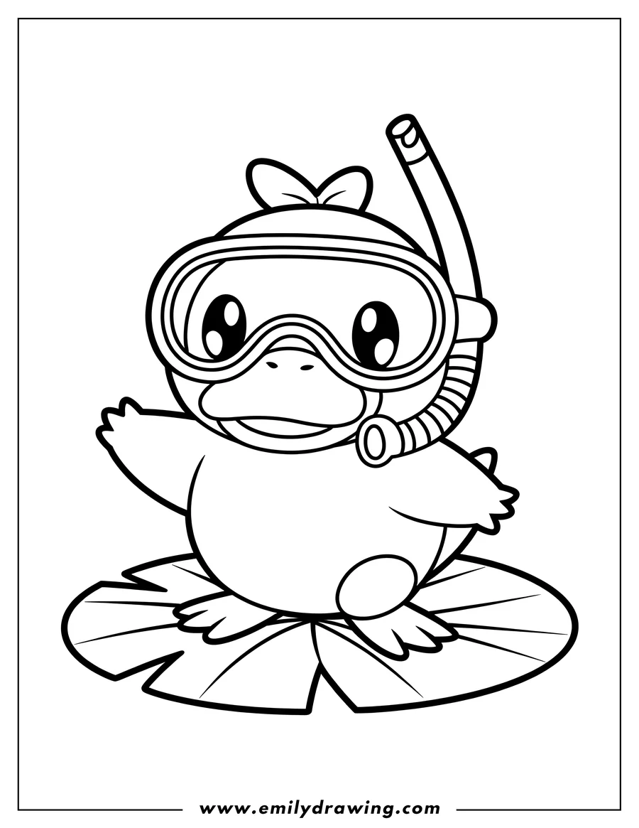 Outline of Psyduck wearing a snorkel and swimming goggles, sitting on a lily pad.