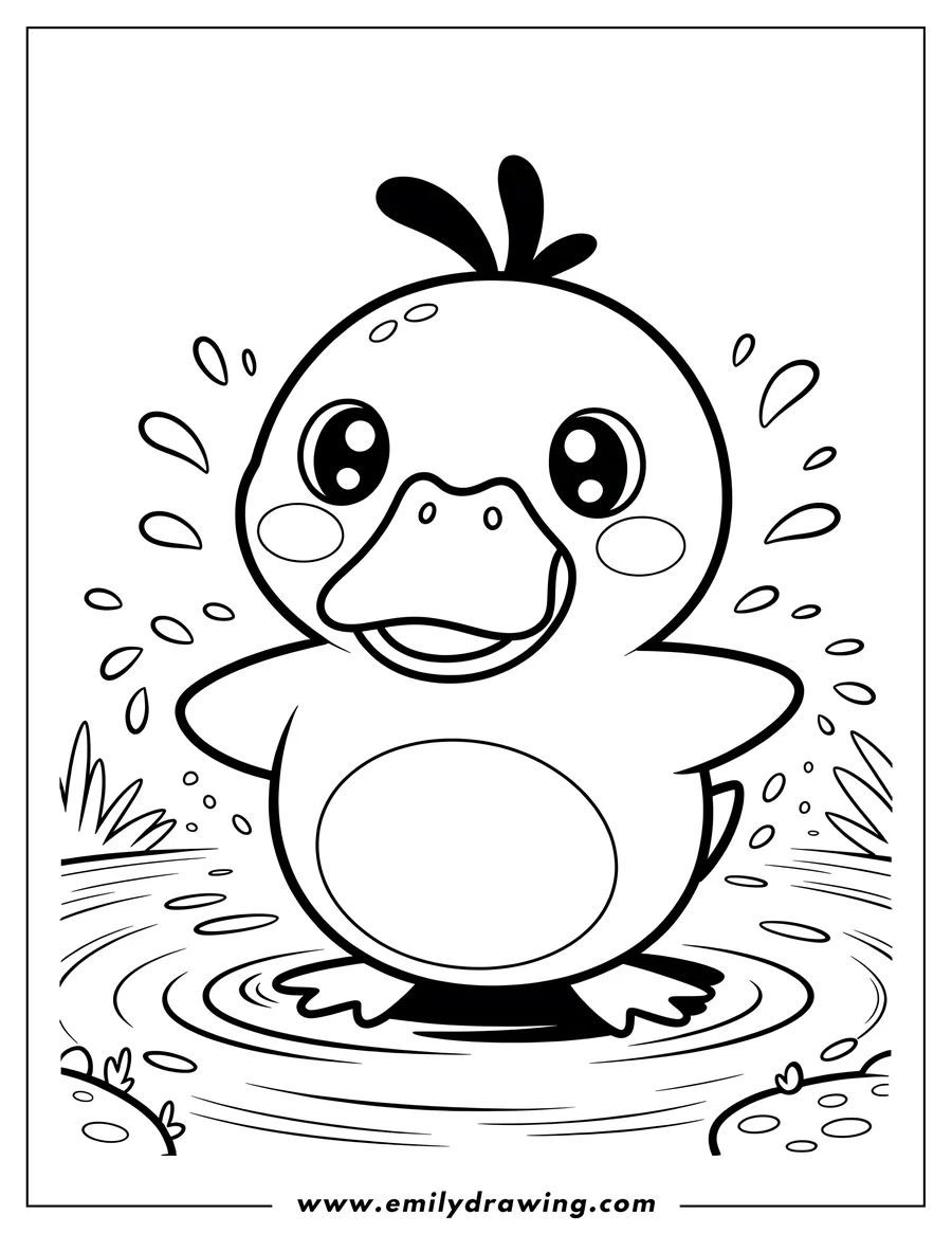 Line art of a cartoon Psyduck character standing in water, making splashes around it, with grass visible on the sides.