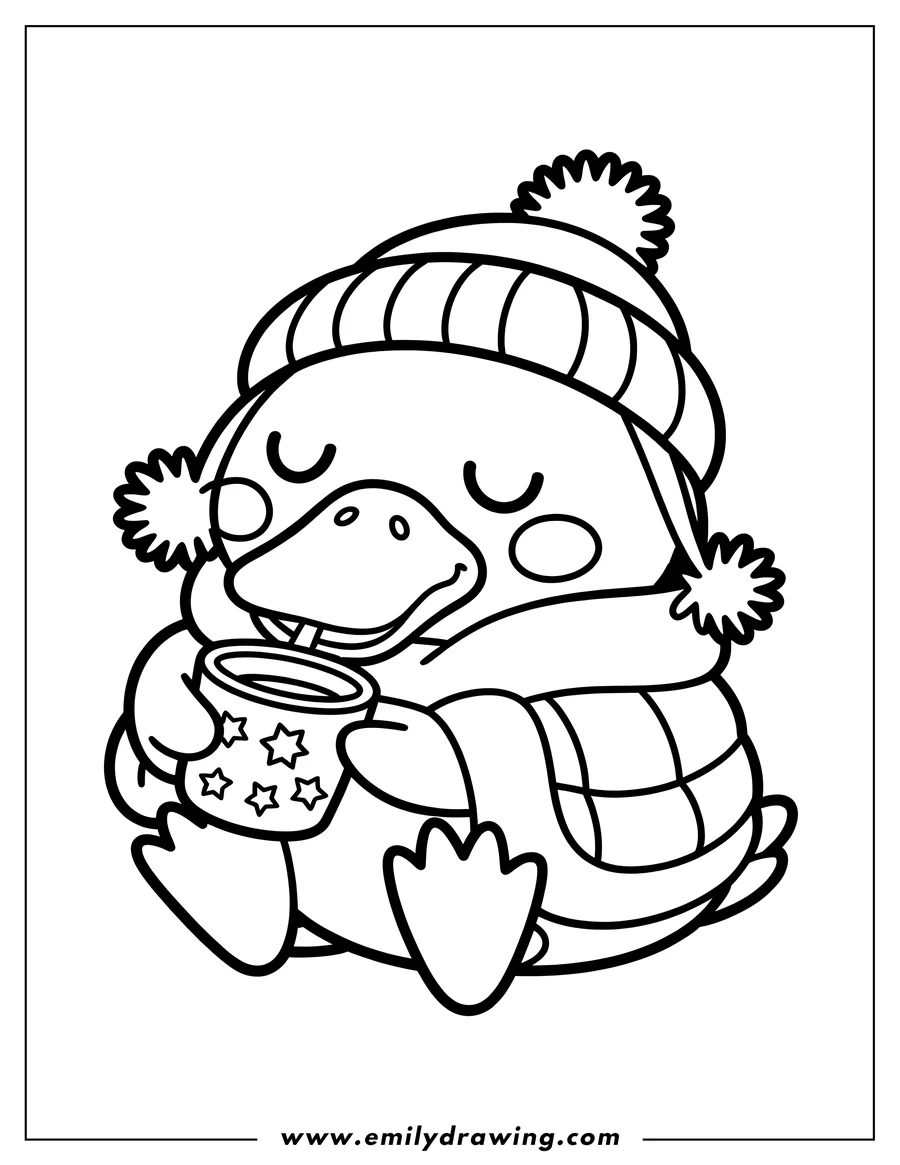 Line art of a Psyduck wearing a striped winter hat with a pompom and a plaid scarf, holding a star-decorated mug of a hot beverage.