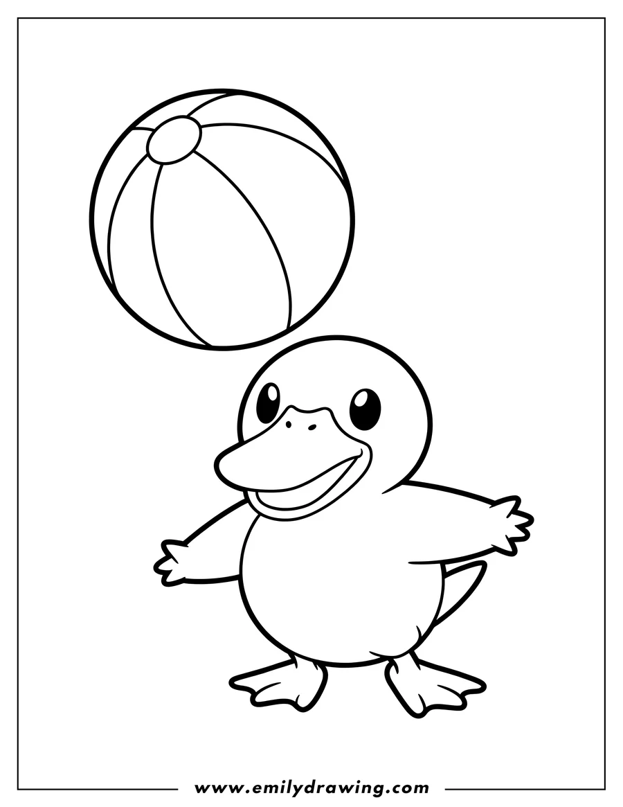 Line art of a happy Psyduck standing with a large beach ball floating above its head
