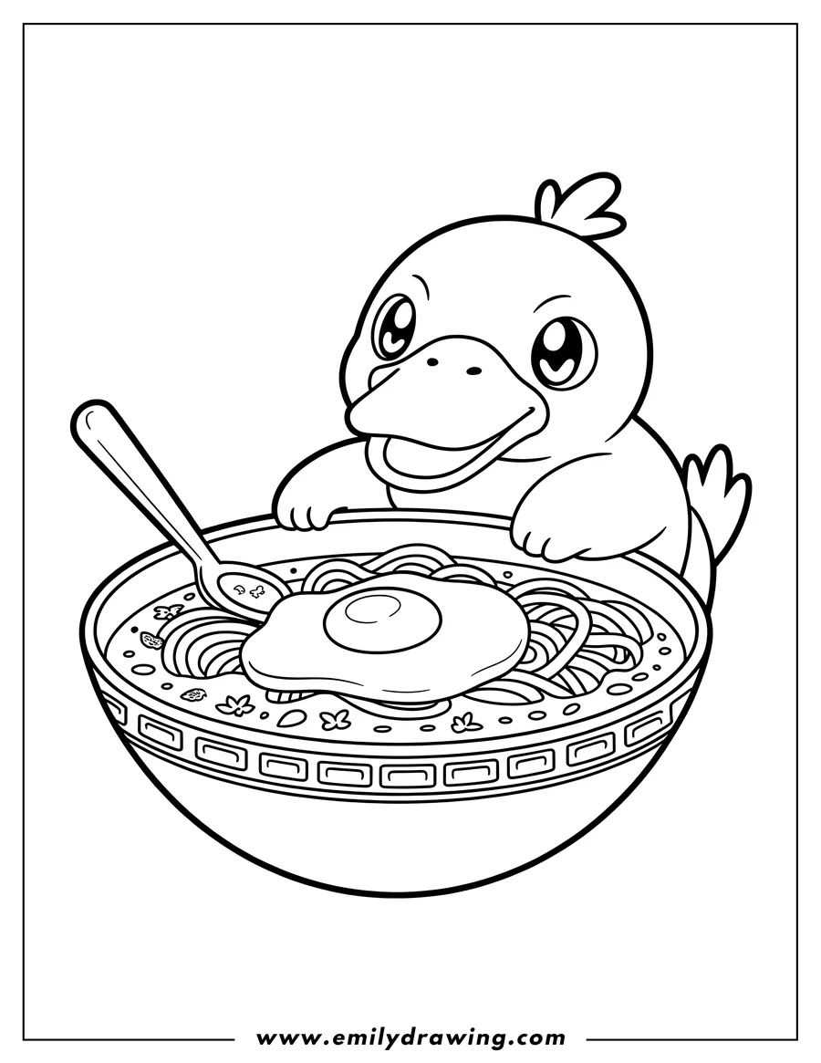 Line art of a cartoon Psyduck character looking over a bowl of ramen noodles with a fried egg and spoon.