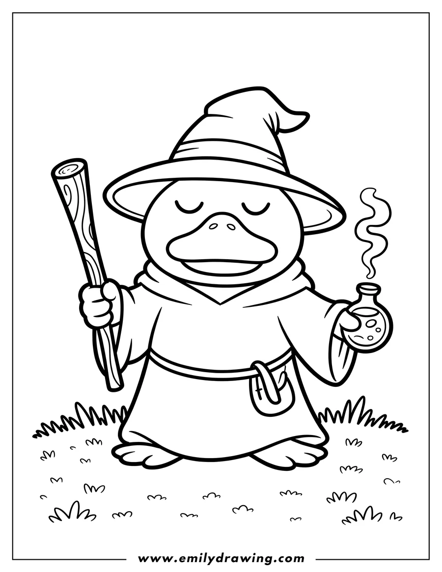 Line art of a Psyduck dressed as a wizard, holding a magic wand in one hand and a smoking potion bottle in the other, standing on grass.