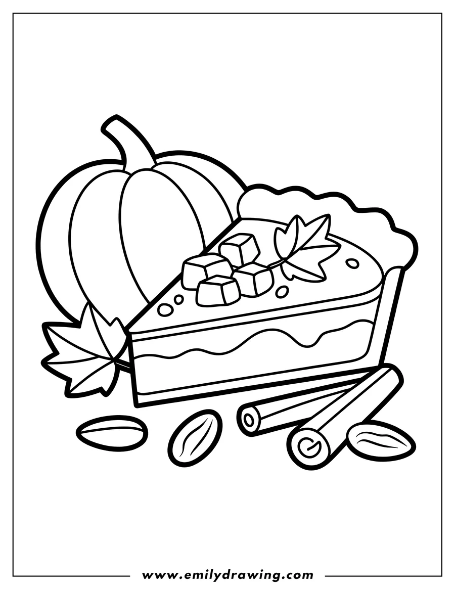 Line art depicting a slice of pumpkin pie decorated with a fall leaf and cubes, standing next to a large pumpkin, with two cinnamon sticks and coffee beans in the foreground.