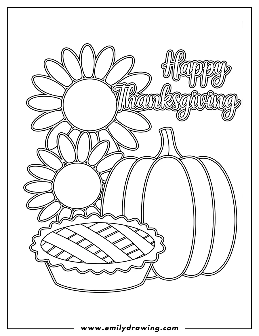 Line art of a pumpkin pie, two sunflowers, and the words
