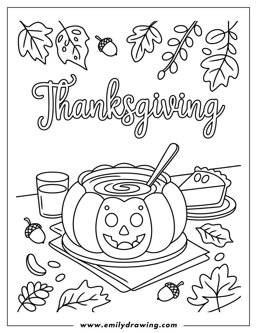 Line art illustration of a Thanksgiving scene with a pumpkin-shaped bowl of soup, a slice of pie, a glass of juice, acorns, and autumn leaves.