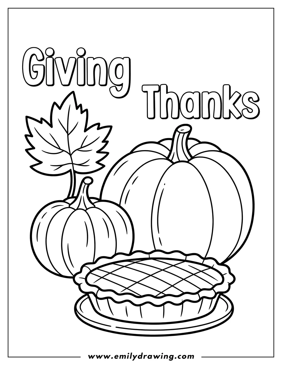 Line art of two pumpkins and a pie on a plate. A single fall leaf sits behind the smaller pumpkin.