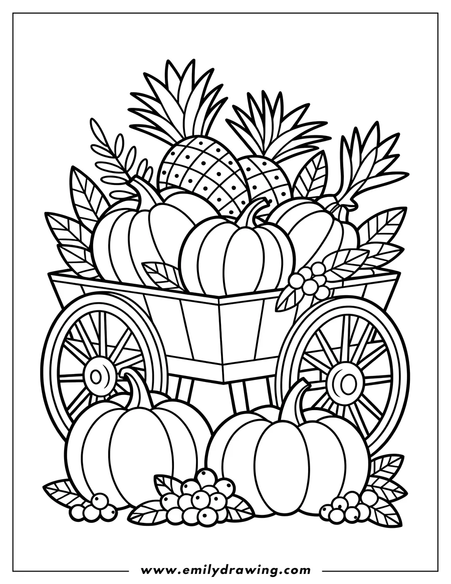 Outline of pumpkins and pineapples in a wooden wagon, surrounded by leaves and berries, ready for Thanksgiving coloring.