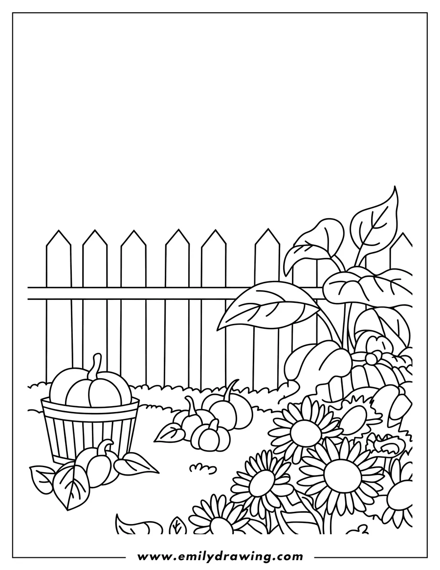 Outline of pumpkins and sunflowers in a garden by a picket fence