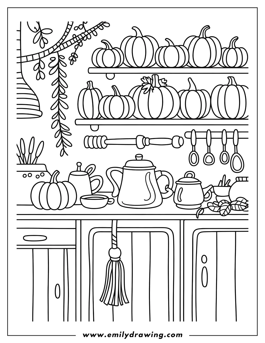 Line art illustration of a kitchen counter and shelves decorated for autumn, featuring several pumpkins stacked on the shelves above a counter with a teapot and hanging cooking utensils.