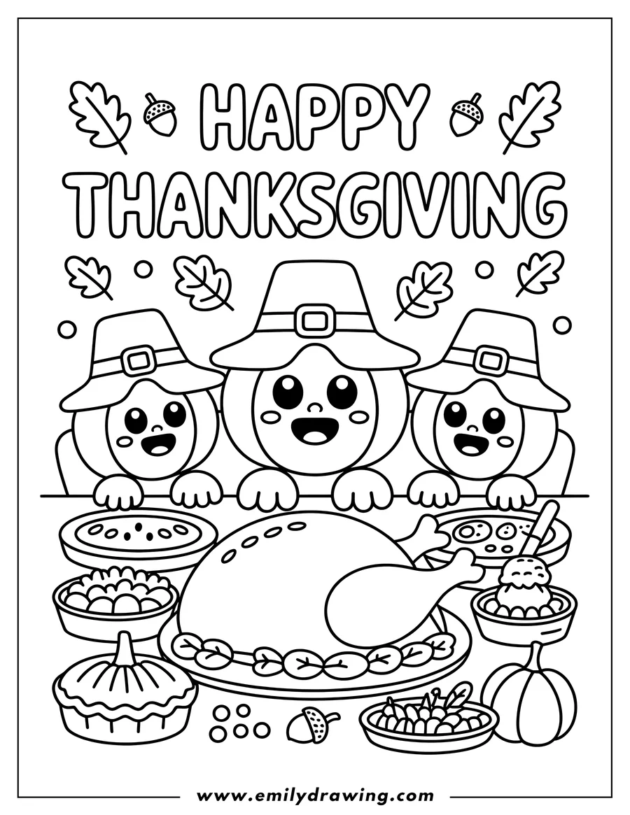 Outline of three pumpkins wearing pilgrim hats at a Thanksgiving dinner table filled with a roasted turkey, pie, and other holiday dishes.
