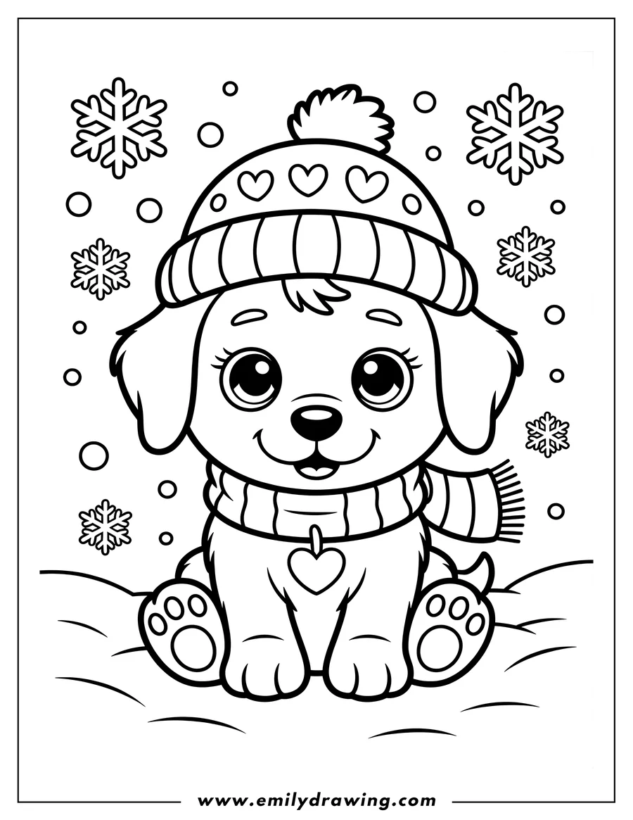 Line art of a happy puppy wearing a winter hat with hearts and a striped scarf, sitting in the snow with snowflakes falling around it.