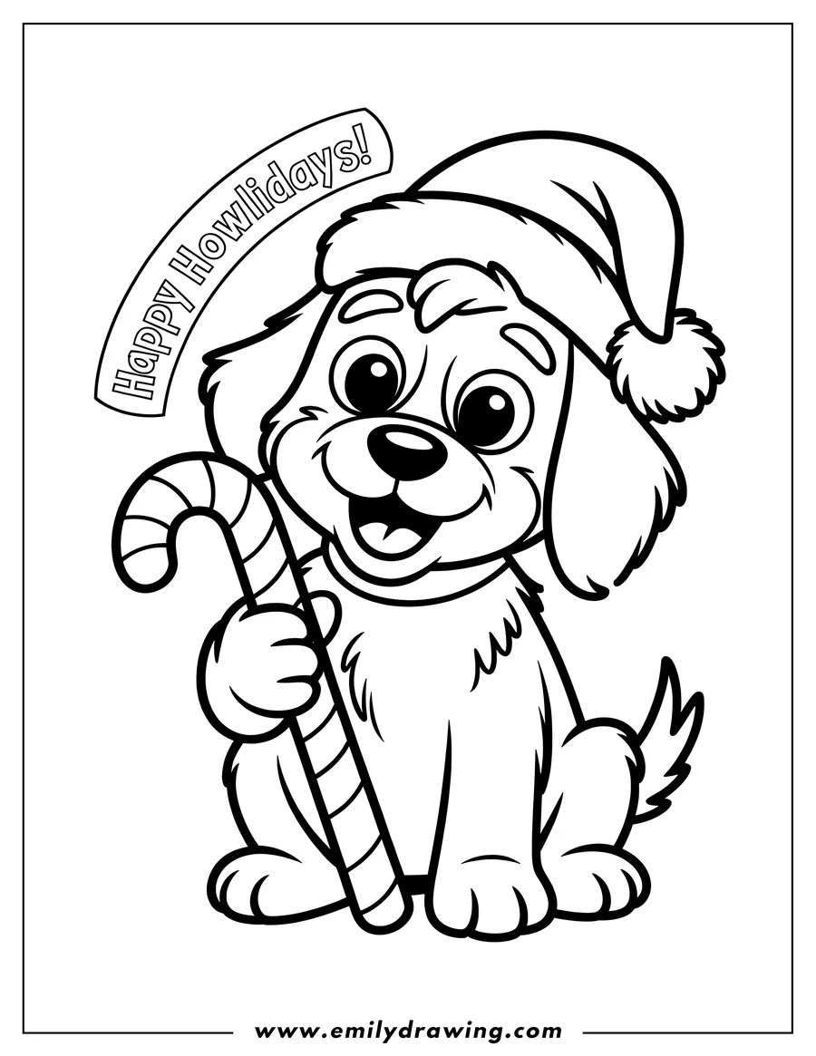 Line art of a puppy wearing a Santa hat and holding a candy cane.