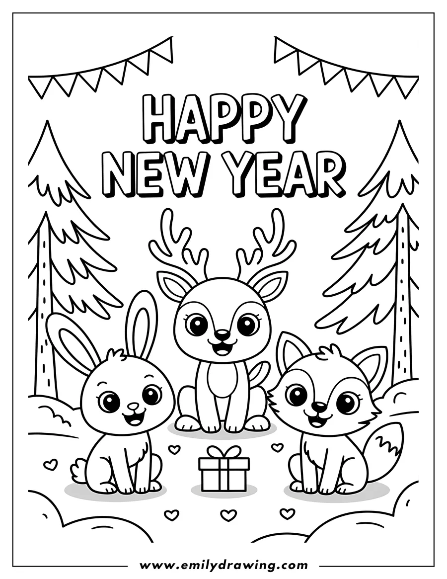 Outline of a rabbit, a deer, and a fox sitting together under a 'Happy New Year' sign and party flags, with pine trees and a small gift in the foreground.
