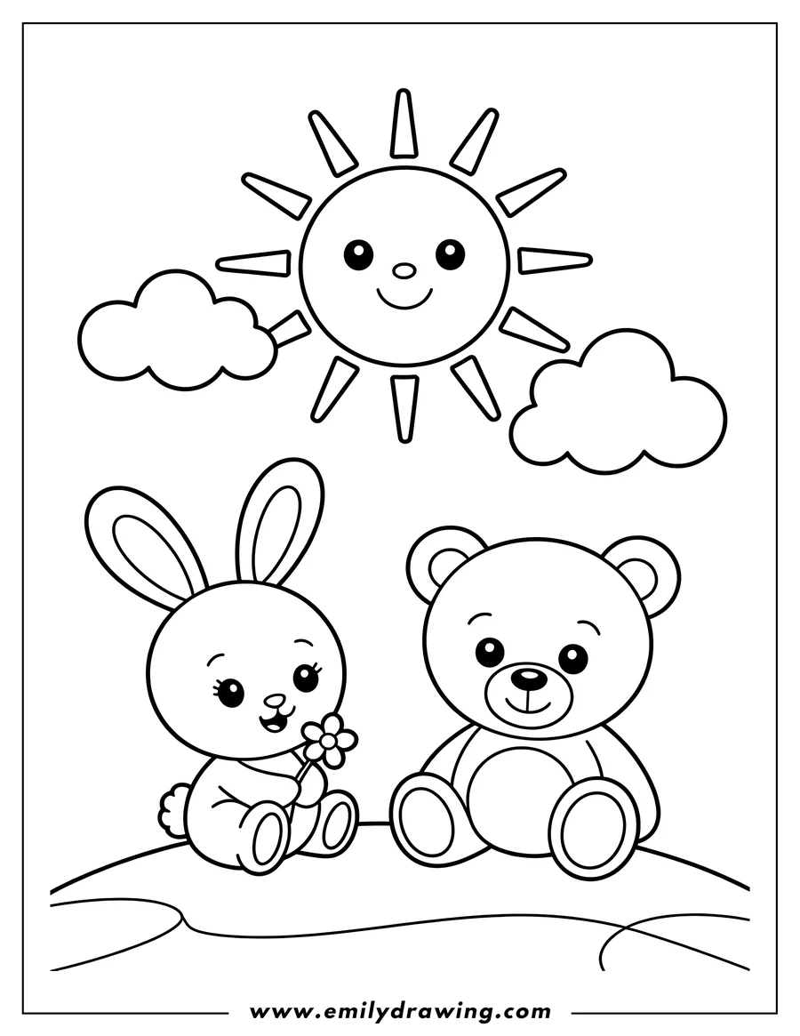 Outline of a cute rabbit and a teddy bear sitting together on a hill under a cheerful, smiling sun and two clouds. The bunny is holding a small flower.