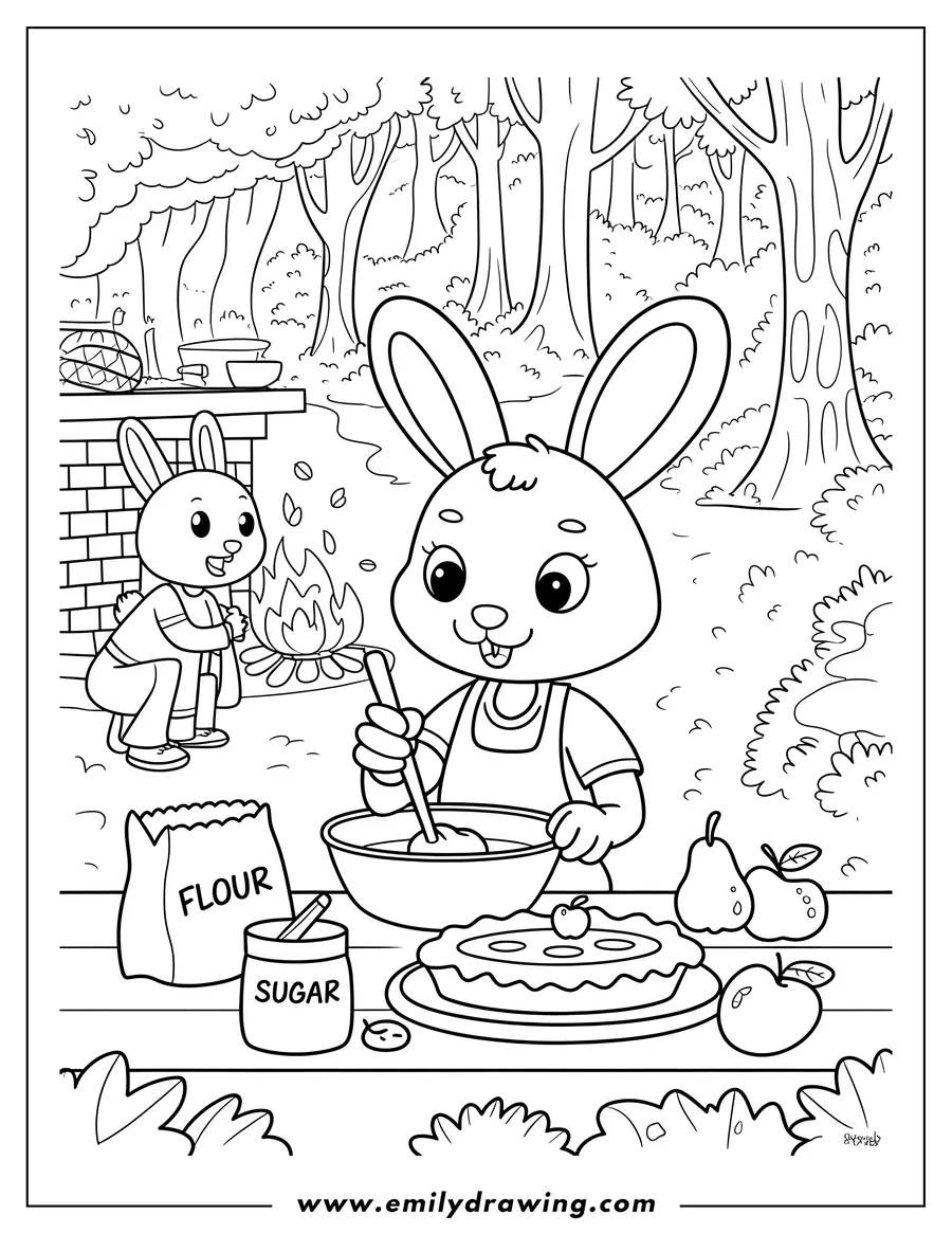 Outline of two rabbits baking a pie outdoors in the forest. One rabbit mixes ingredients in a bowl while the other tends a campfire near a brick structure.
