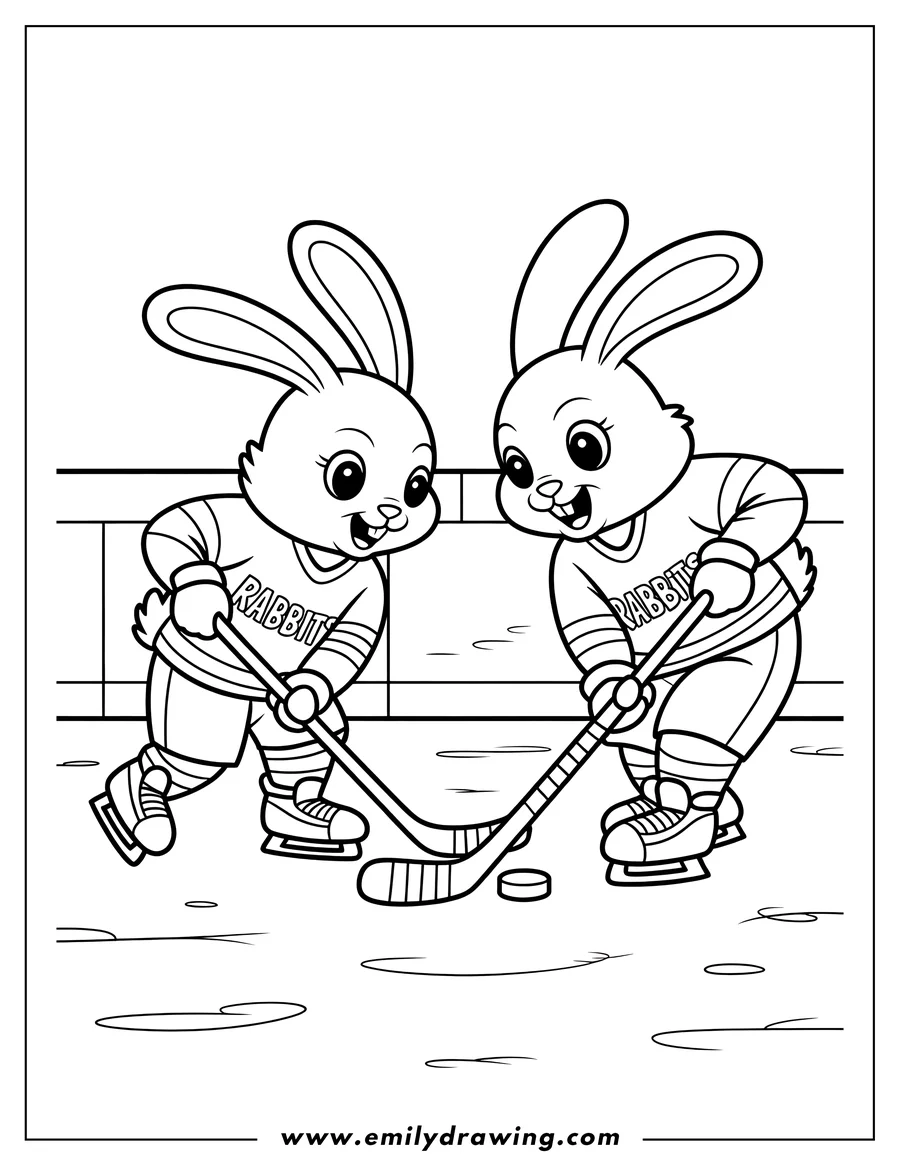 Two rabbits wearing hockey jerseys and skates, holding hockey sticks and facing off over a puck on the ice.