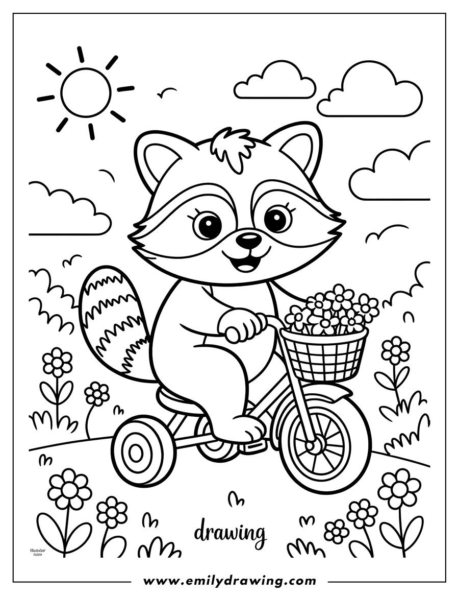 Outline of a smiling raccoon riding a small three-wheeled tricycle outdoors. The tricycle features a front basket overflowing with detailed flowers. The background shows the sun, clouds, and tall wildflowers.