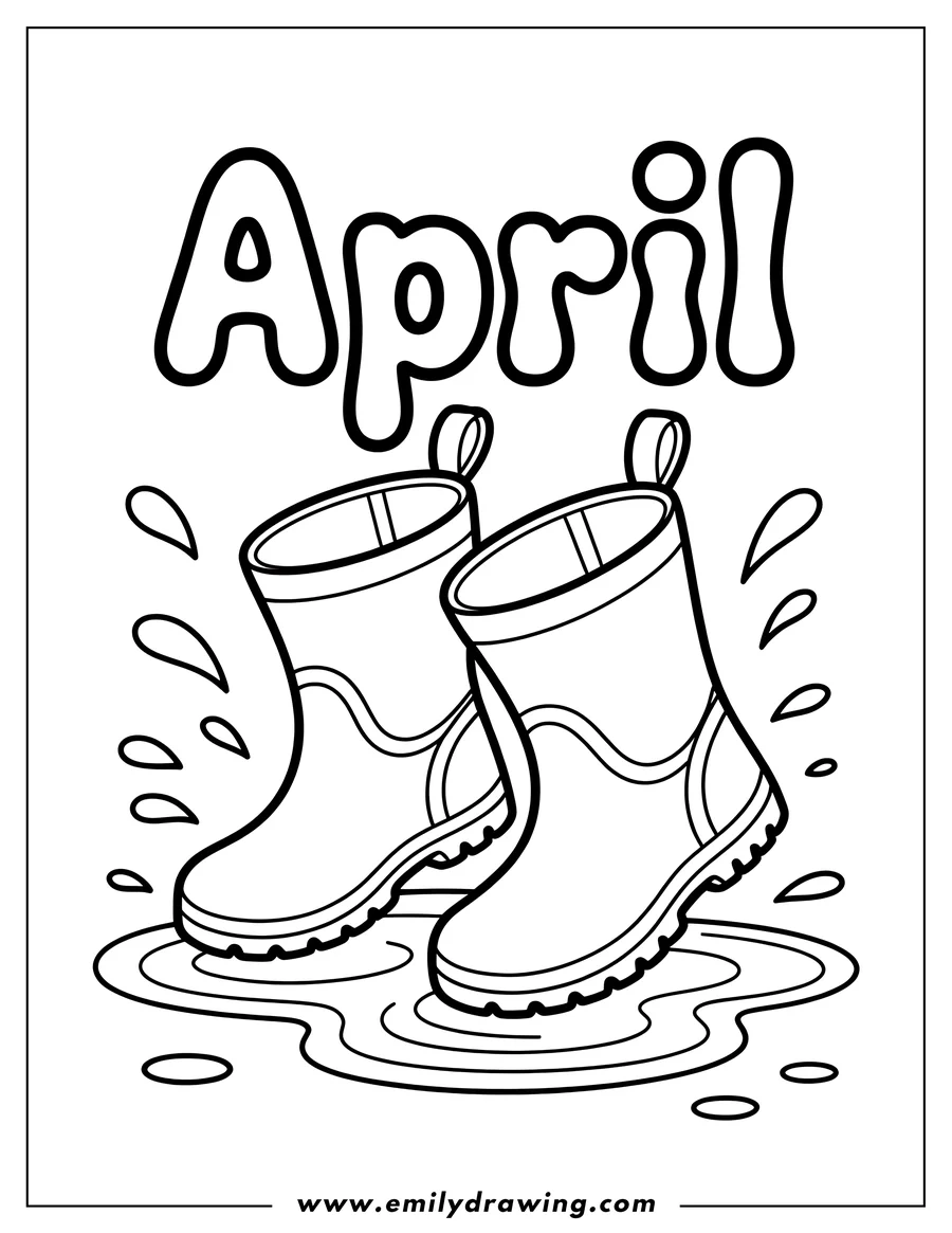 Outline of rain boots standing in a puddle, with water ripples and droplets splashing around them.