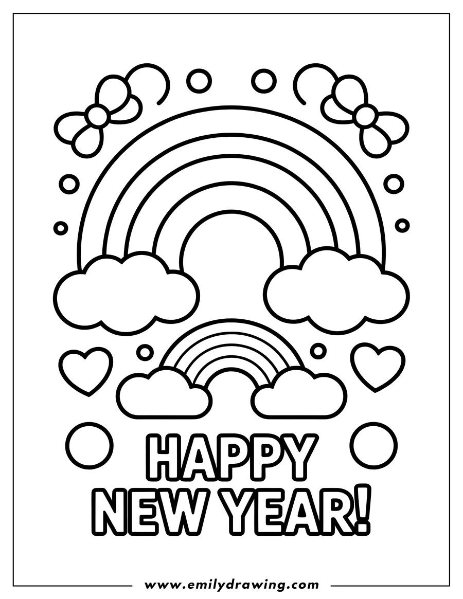 Outline of two rainbows with clouds, surrounded by hearts, circles, and bows, with the text 'HAPPY NEW YEAR!' below.