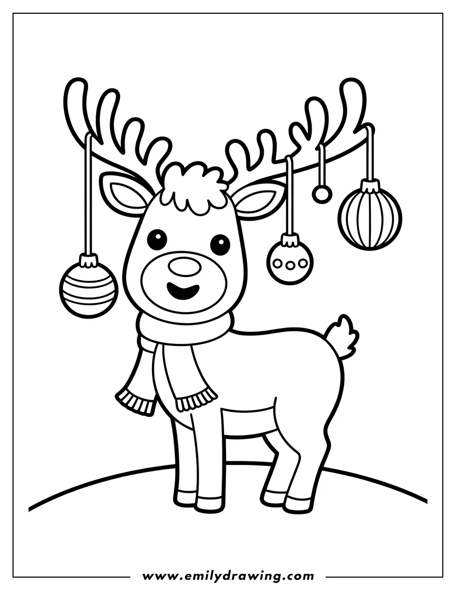 Line art of a cartoon reindeer wearing a scarf, with Christmas ornaments hanging from its antlers, standing on a snowy ground line.