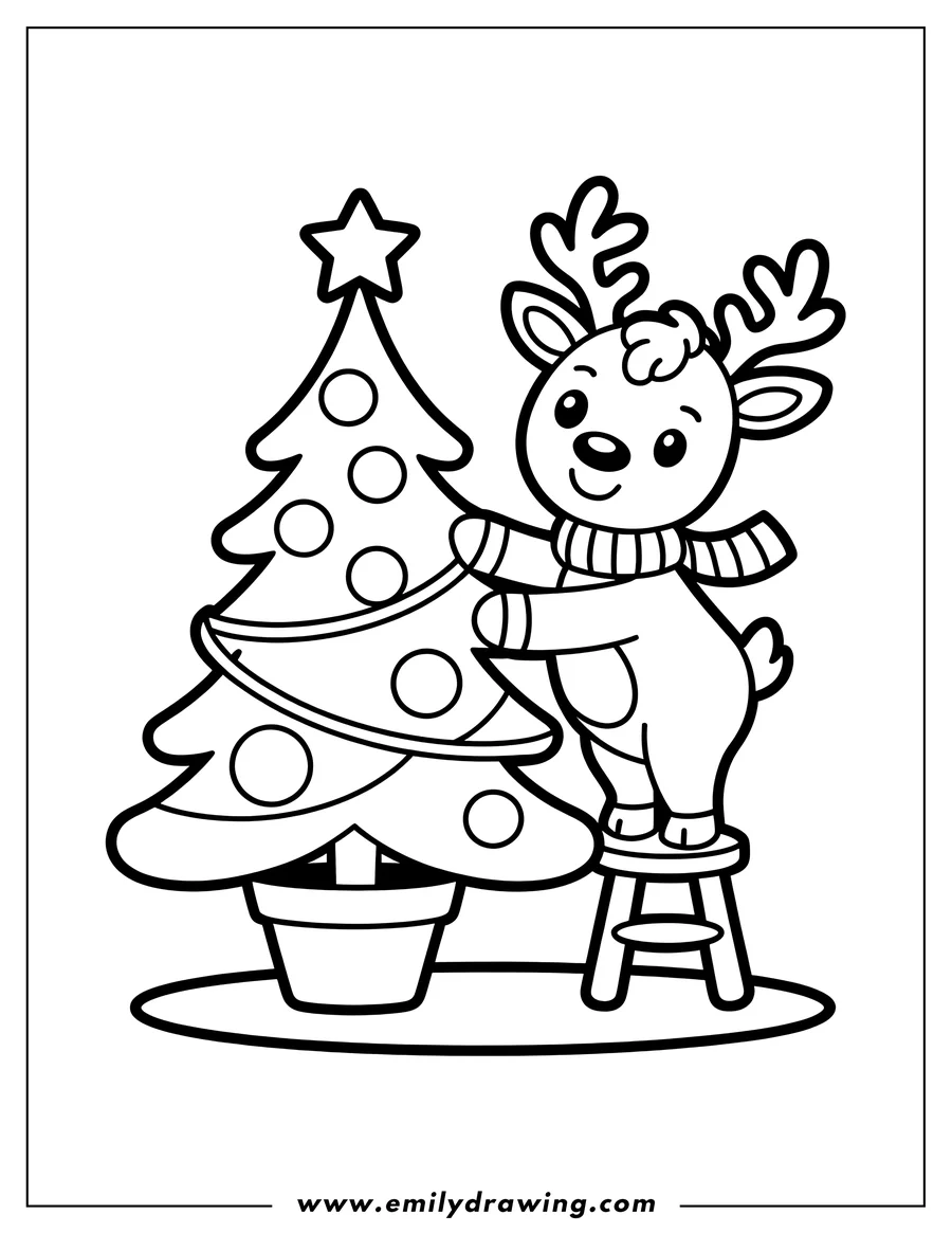 Line art of a cartoon reindeer wearing a scarf, standing on a stool, and decorating a Christmas tree with ornaments and a star on top.