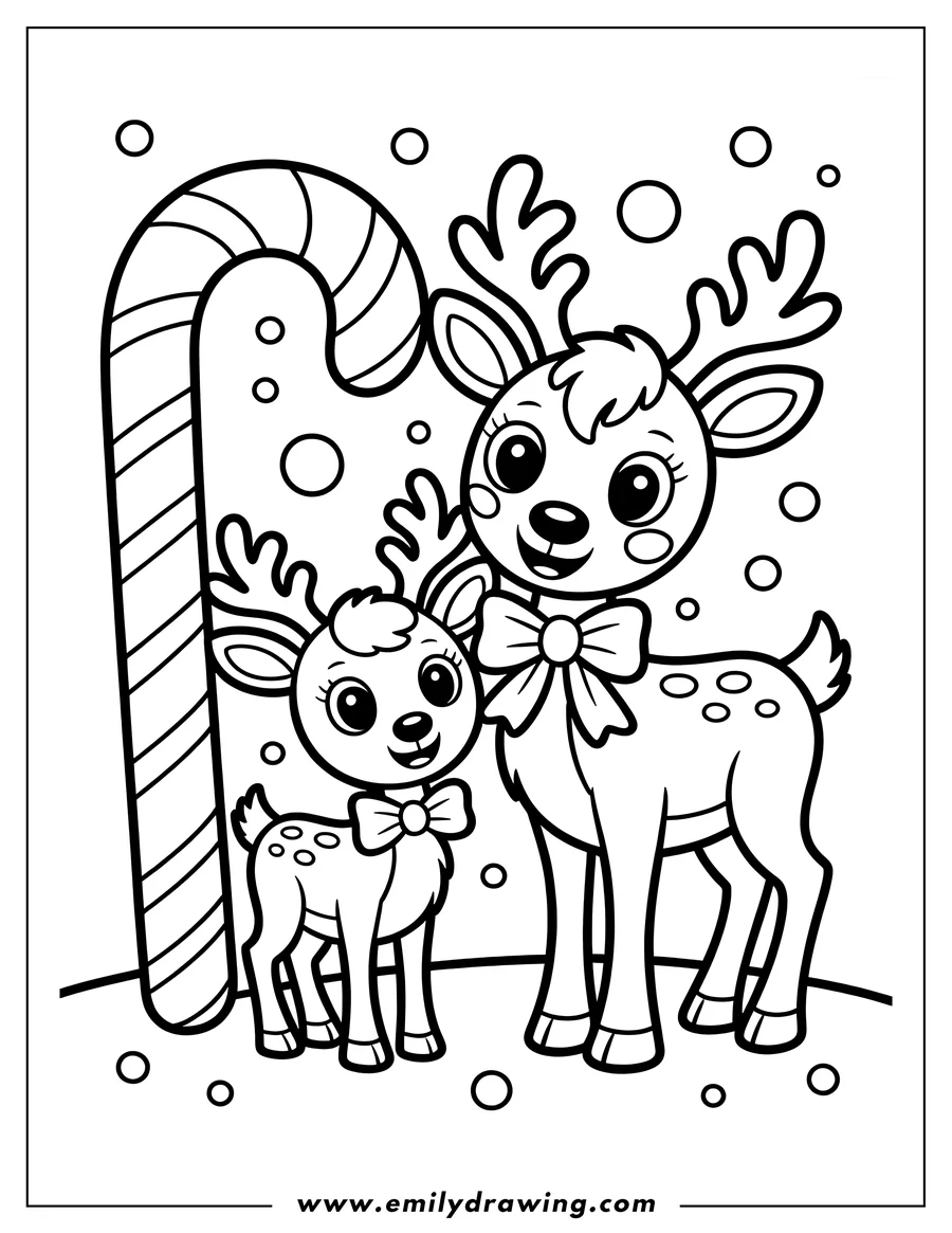 Outline of two reindeer, one larger and one smaller, standing next to a large candy cane. Both reindeer wear bows around their necks.