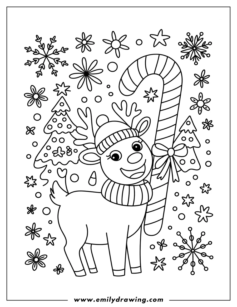 Outline of a reindeer wearing a winter hat and scarf, holding a large candy cane decorated with a bow. Christmas trees, snowflakes, and flowers fill the background.