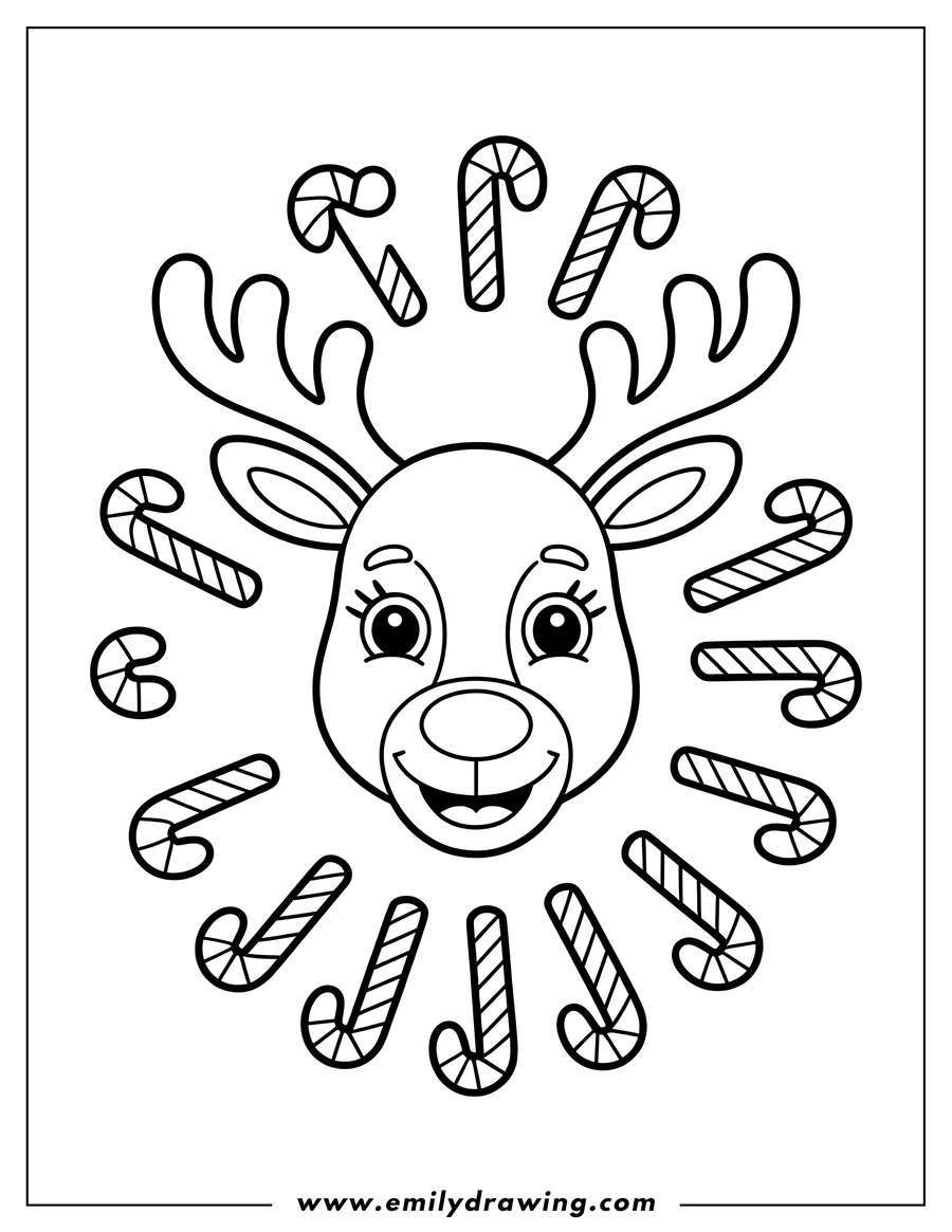 Line art of a reindeer surrounded by candy canes.