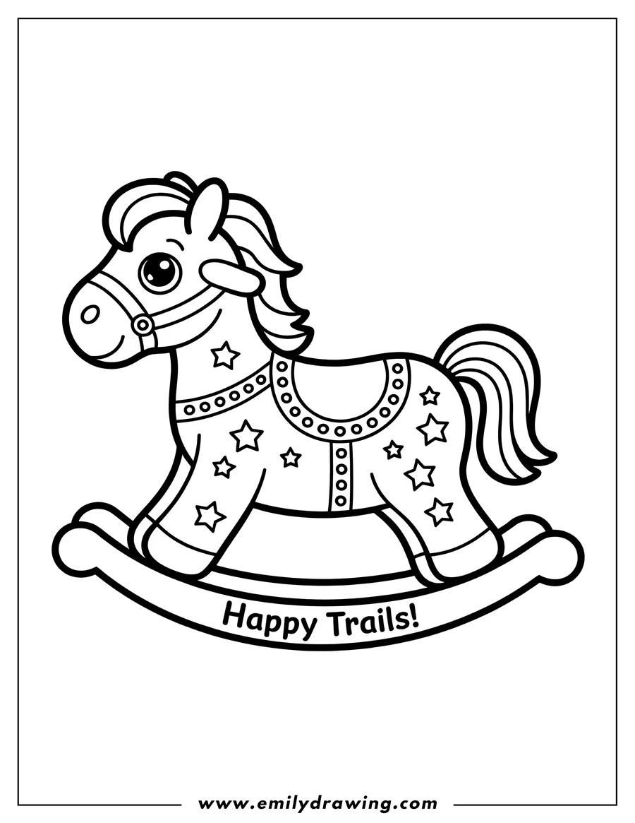 Outline of a cartoon rocking horse toy decorated with a saddle, bridle, and patterned with outline stars. The curved base of the rocker reads