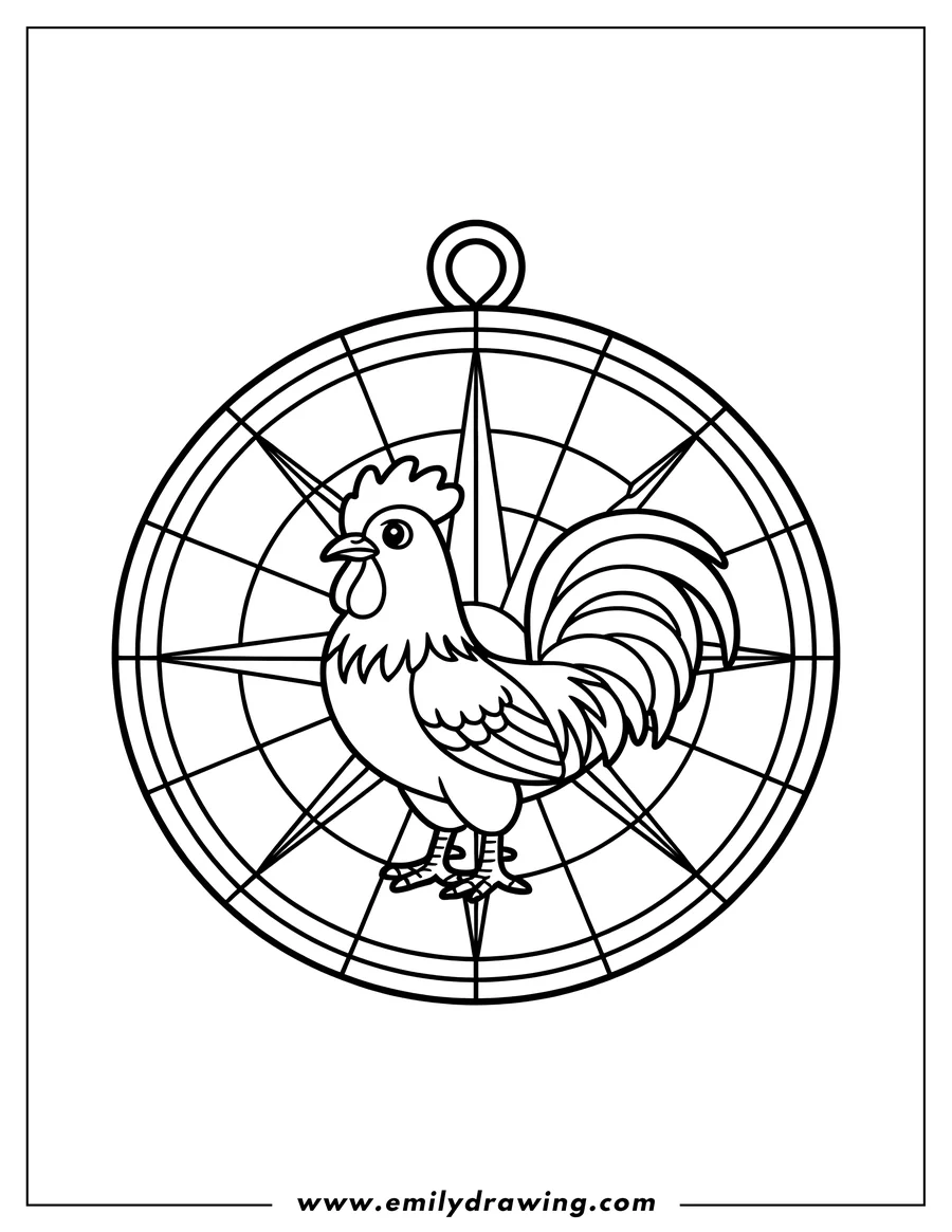 Line art of a rooster inside a circular stained glass frame.
