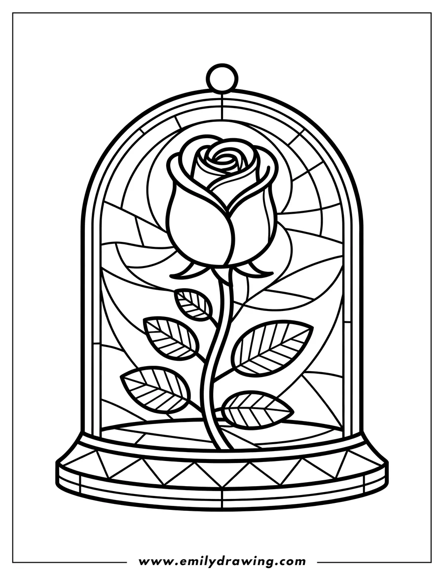 Line art of a rose with leaves and stem inside a decorative glass dome.
