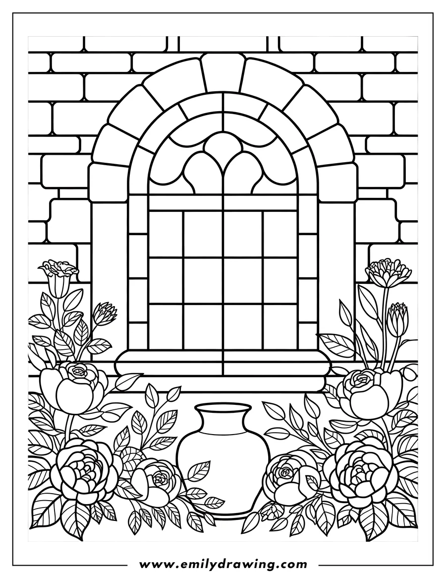 Outline of roses and other flowers arranged around a vase in front of an arched window set in a brick wall.