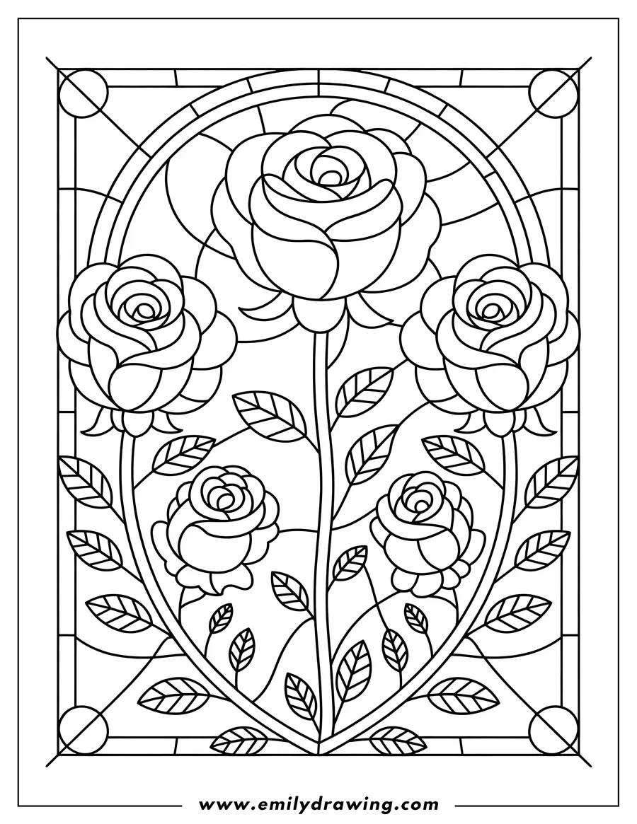 Outline of a stained glass window design featuring a central rose stem with four blooming roses and leaves.
