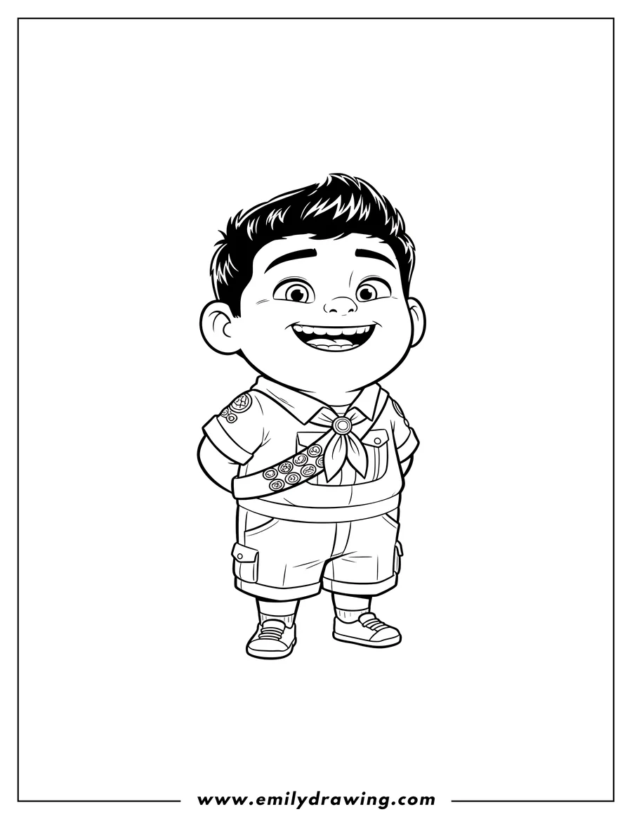 Line art of Russell from the movie Up, a young boy scout smiling broadly with his hands behind his back, wearing his explorer uniform with many badges.