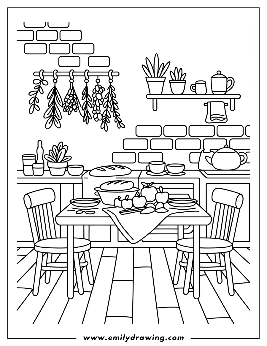 Outline of a cozy rustic kitchen interior showing a dining table set with dishes, bread, and apples, flanked by two chairs. Drying herbs hang on the brick wall above a counter.