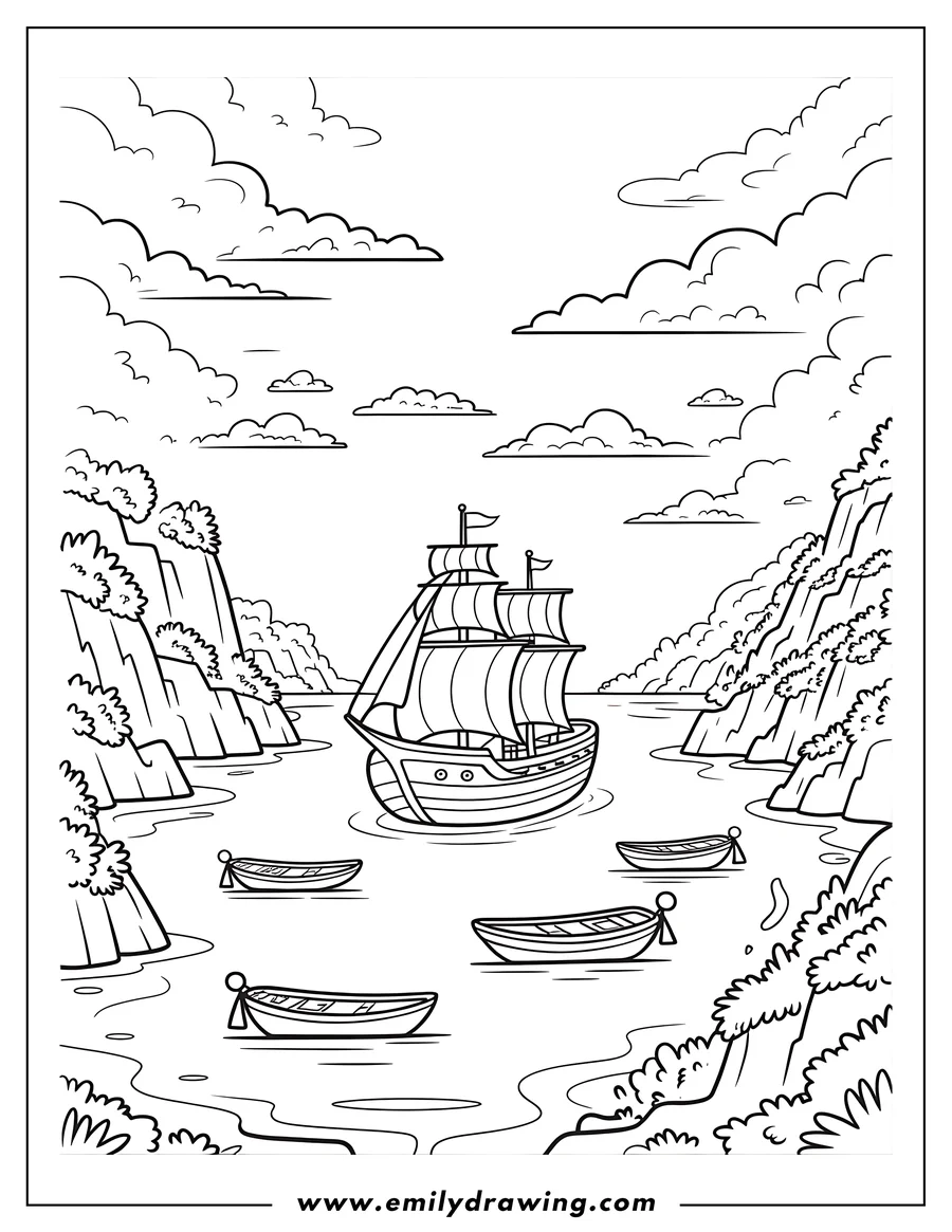 Outline of a sailboat and three rowboats on the water near cliffs, with fluffy clouds in the sky.