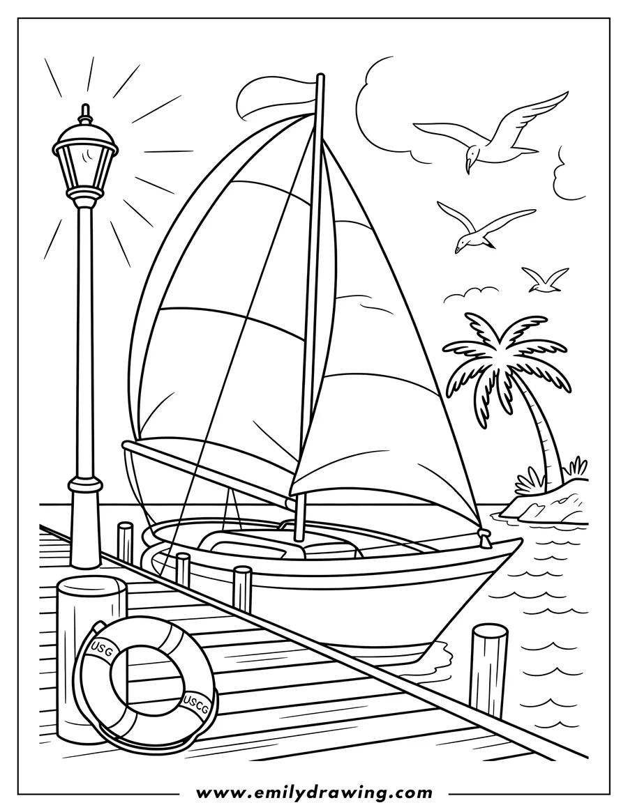 Line art of a sailboat tied to a wooden dock. A lamppost, life preserver, and palm tree on a small island are also visible.