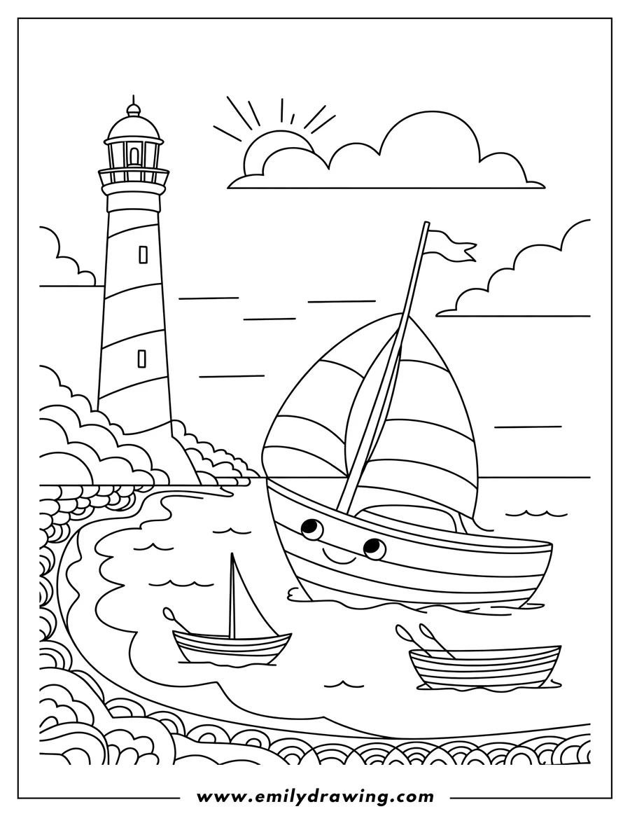 Line art of a smiling sailboat near a lighthouse, with two smaller boats, under a sunny sky.