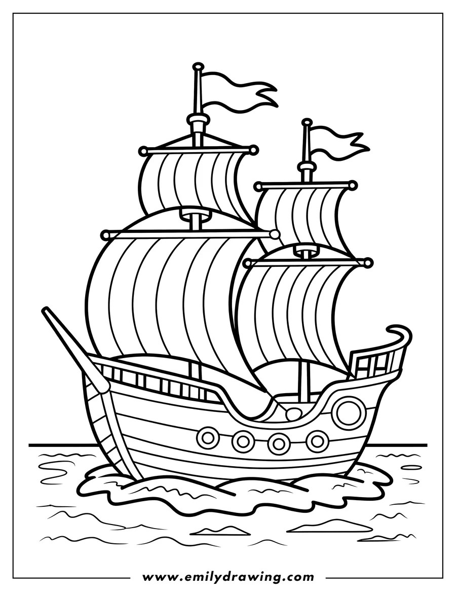 Line art of a large sailing ship with two masts and flags, floating on gentle waves.