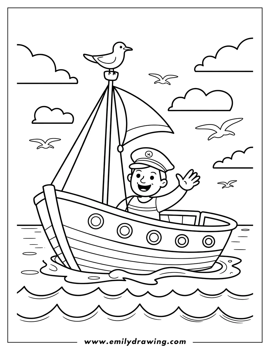 Outline of a smiling sailor waving from a small sailboat on the water. A seagull perches on the mast.
