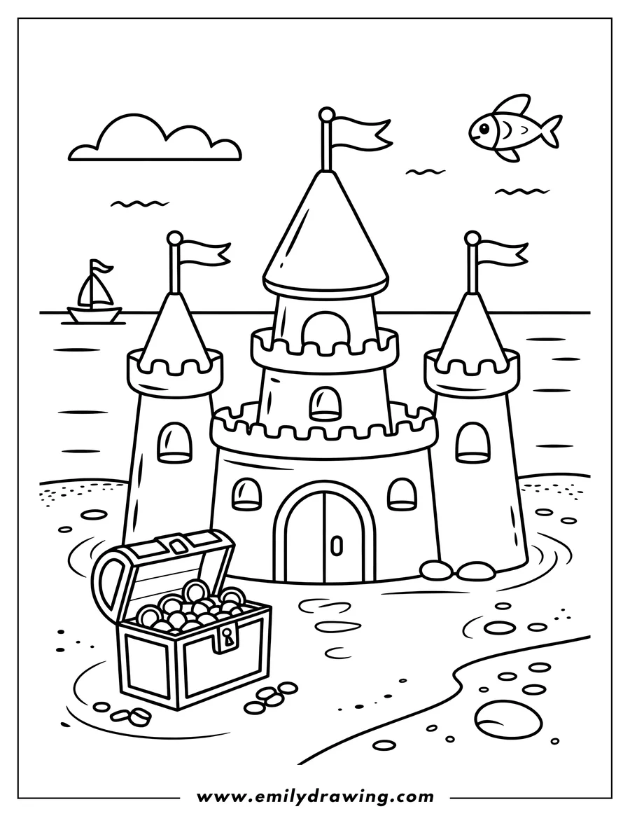 Line art of a sandcastle on a beach with an open treasure chest filled with coins. A sailboat, a fish, and a cloud are in the background.